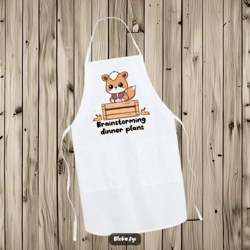 Funny apron with a stylized animal on a wooden crate, looking thoughtful, perfect for a humorous kitchen accessory and gift.