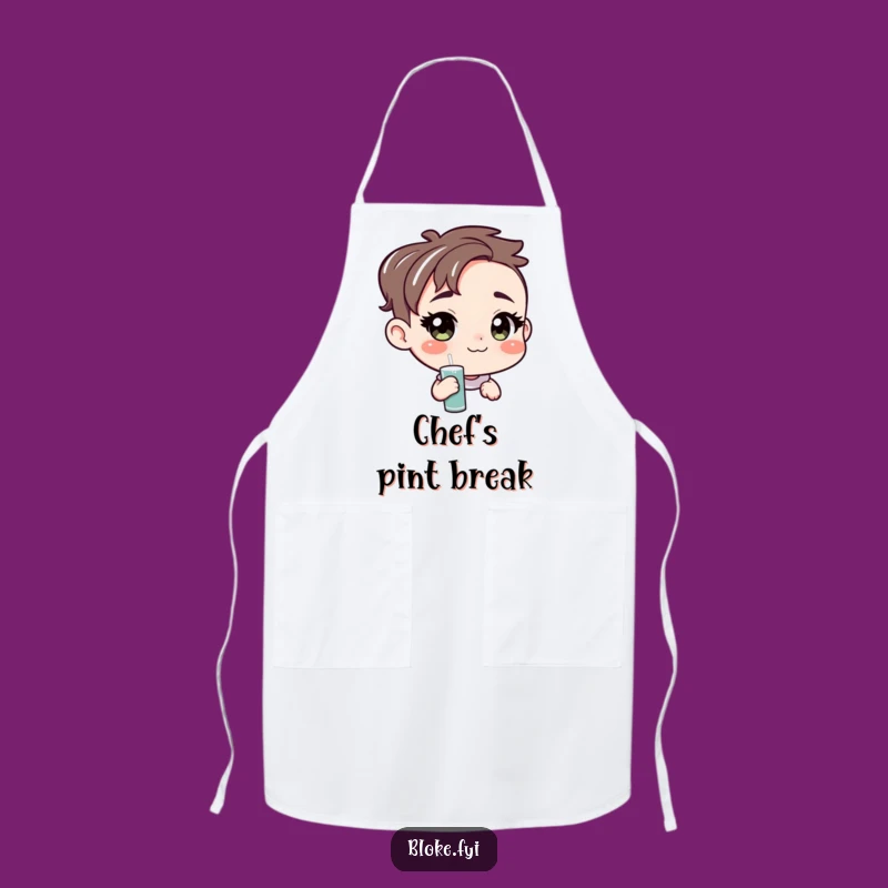 Cook with a smile and a welcoming spirit. This funny apron features a character offering a pint, ready to serve.