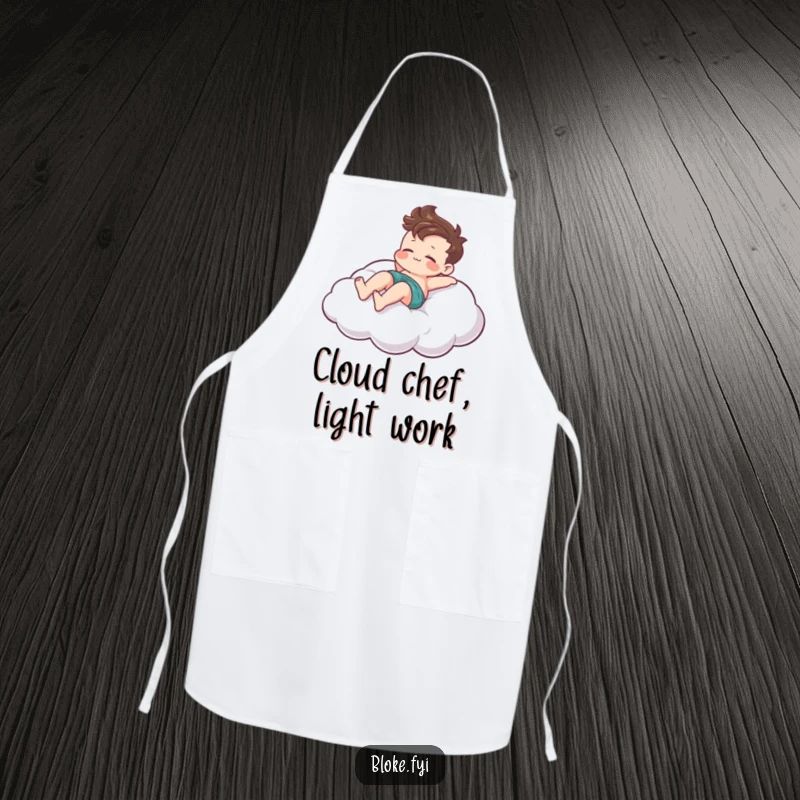 Funny apron depicting a relaxed bloke character lounging playfully on a stylized cloud, ideal for a chill cooking experience.