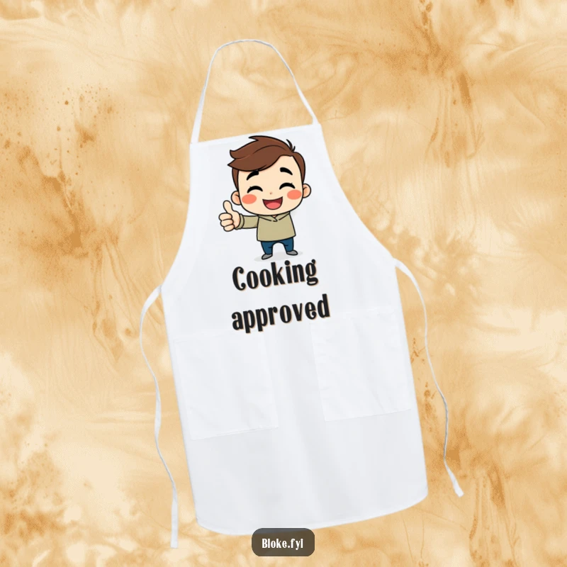 Funny cartoon guy apron with a cheerful character, sideways smile, and a thumbs up, perfect for cooking.
