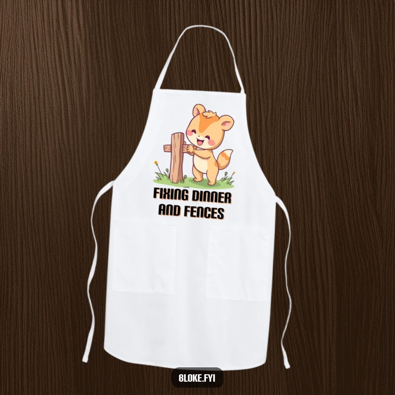 Funny apron with a happy animal character attempting to fix a wobbly fence post, perfect for the cheerful home cook.