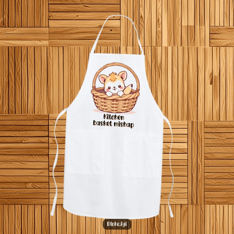 Funny apron featuring a playful animal character humorously stuck inside a woven basket, perfect for a fun and protected cooking experience.