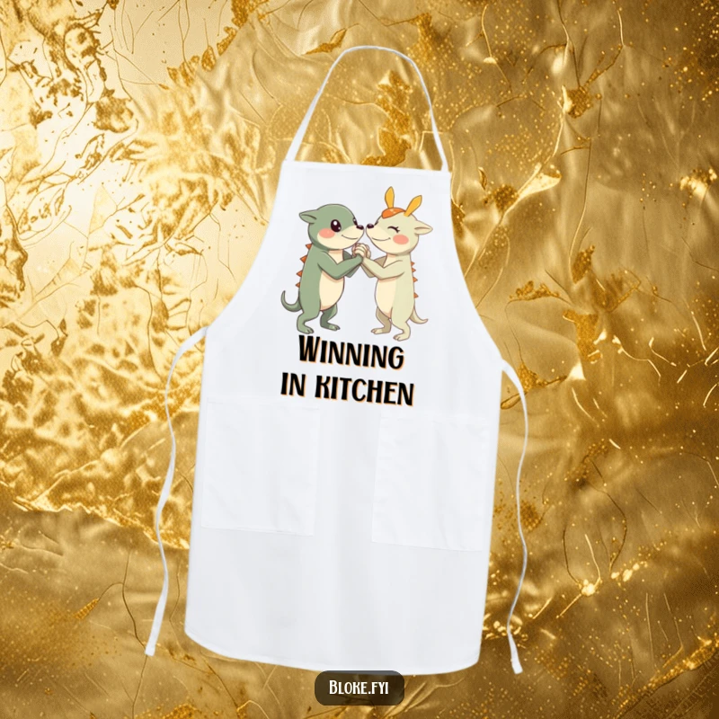 Funny Arm Wrestle Creature Apron showing a character with short, sturdy limbs arm wrestling, perfect for kitchen fun.