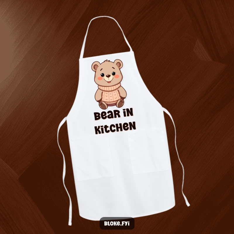 Funny chunky cartoon bear apron, wearing a knitted sweater and a friendly grin, a humorous and practical kitchen accessory.