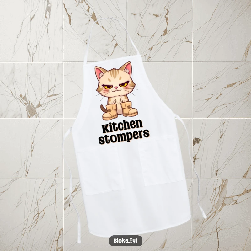 Funny cat with a goofy expression wearing oversized boots, depicted on a humorous apron.