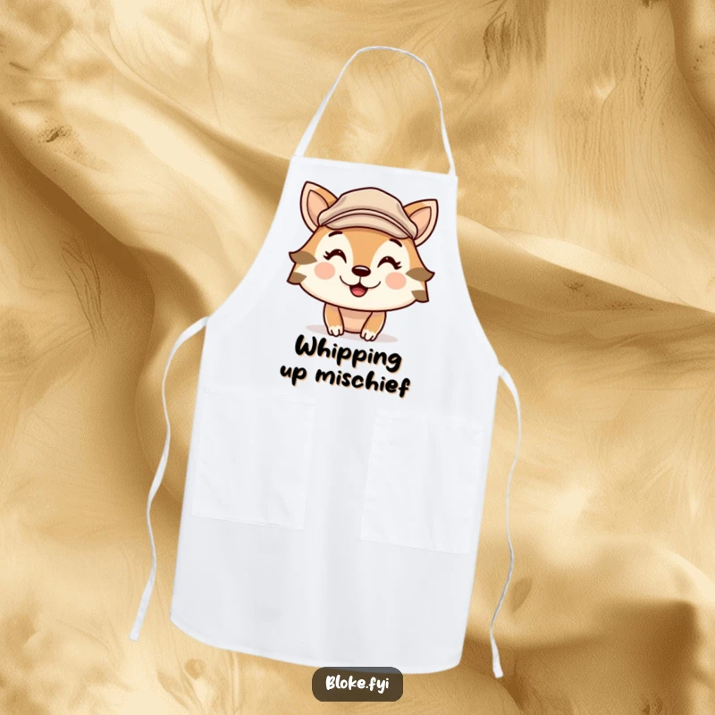Funny apron featuring a cute animal chef in a flat cap, sporting a cheeky grin, ready for humorous kitchen adventures.