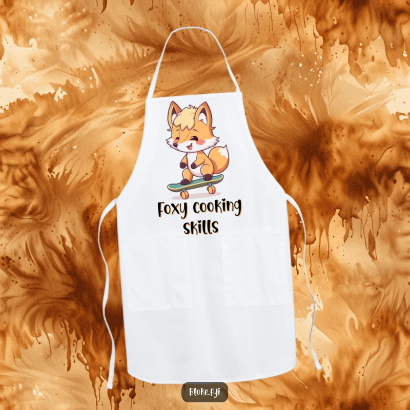 Funny Apron showing a smiling fox with tousled fur trying to skateboard, perfect for a humorous kitchen.