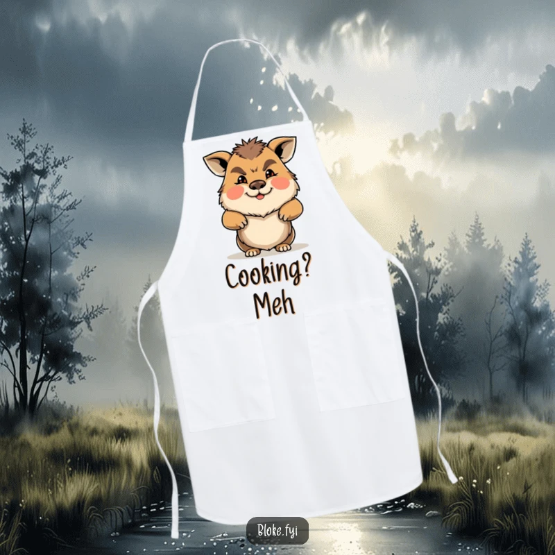 Funny Gruff Animal Apron showing a character shrugging with a friendly but gruff expression, ideal for kitchen humor.