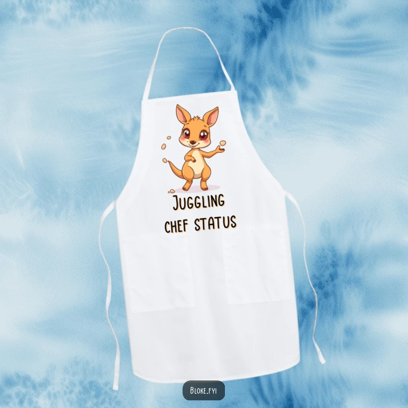 Funny kangaroo apron showing a wide-eyed kangaroo juggling kitchen utensils, a humorous and practical cooking accessory.