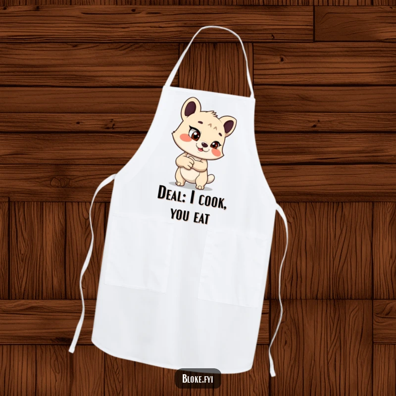 Funny apron featuring an animal offering a handshake with a mischievous glint, perfect for a humorous and functional accessory.