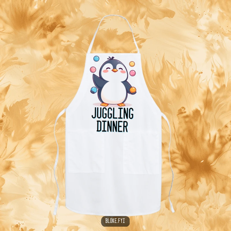 Funny Apron showing a happy, pudgy penguin character juggling items, perfect for a humorous cooking session.
