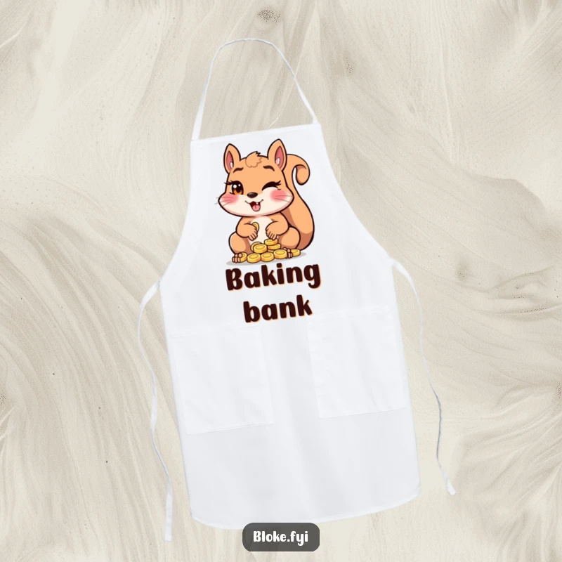 Funny squirrel winking and counting shiny coins while wearing a chef's hat, depicted on a humorous apron.