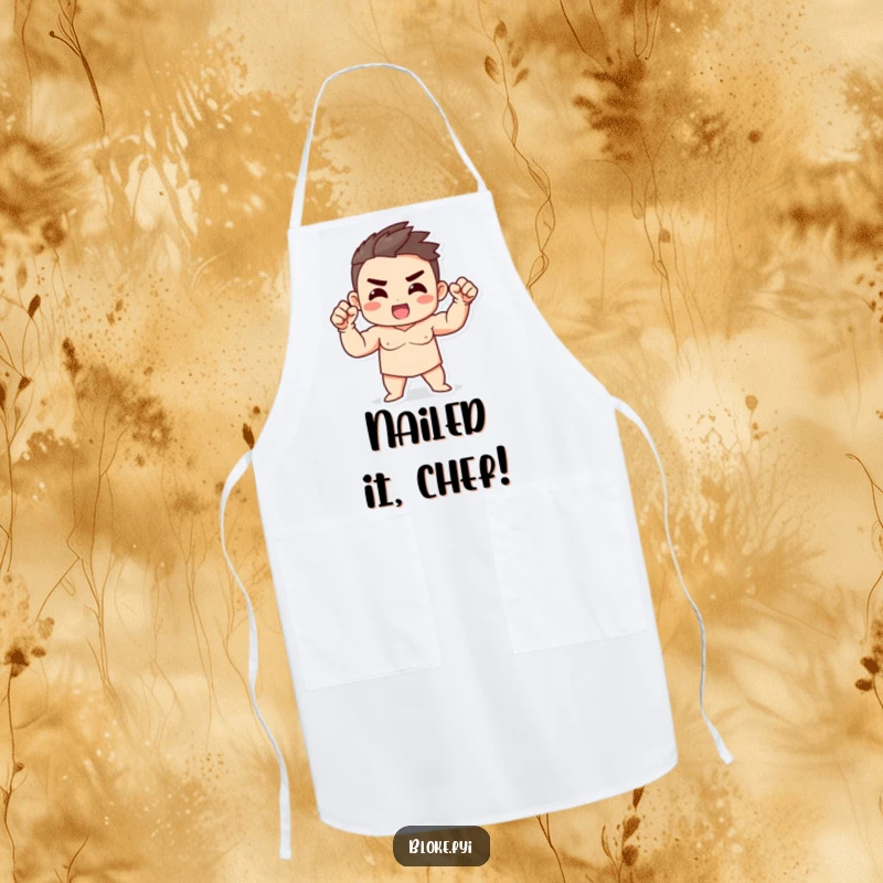 Funny Strong Character Apron featuring a character with a strong build, giving an enthusiastic fist gesture, perfect for kitchen power.
