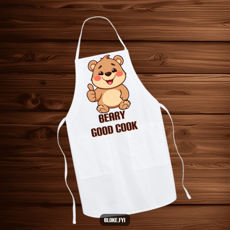 Funny Apron showing a stout, smiling bear ready to cook, giving a thumbs-up, perfect for a humorous kitchen.