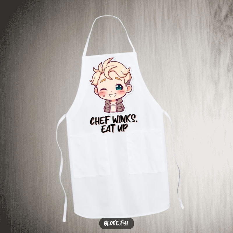 Funny apron depicting a guy character giving a charming, playful wink, ideal for the kitchen.