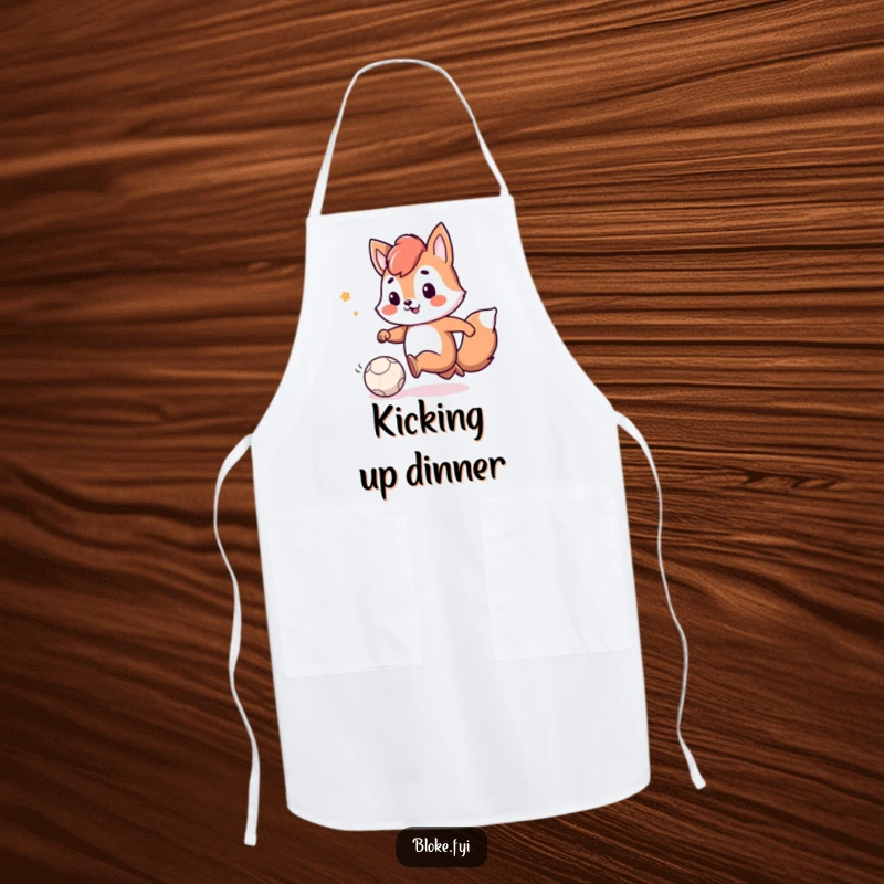 Funny apron with a playful animal character, smiling as it kicks a small, deflated ball, perfect for the fun-loving cook.