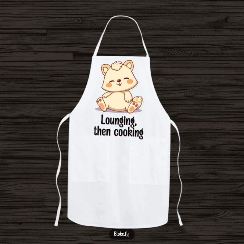 Funny apron featuring a cartoon animal in a casual, lounging pose, perfect for a humorous and functional kitchen accessory.