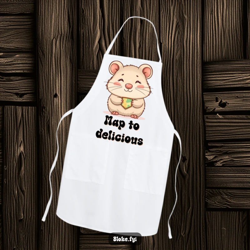 Funny wombat apron showing a shyly smiling marsupial wearing a tiny map, a humorous and practical cooking accessory.