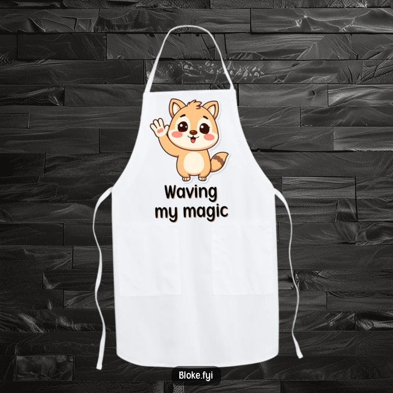Funny apron with a stylized animal character giving an enthusiastic wave, perfect for adding cheerful charm to your kitchen.