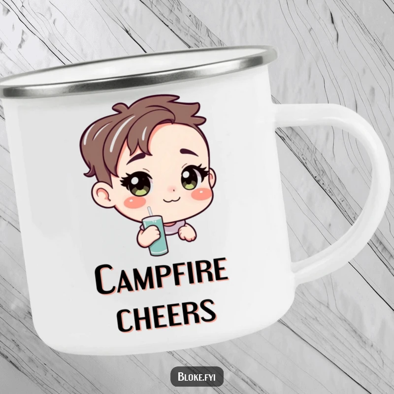 Funny camping mug with an amiable character offering a pint, perfect for enjoying beverages outdoors with a friendly and humorous touch.