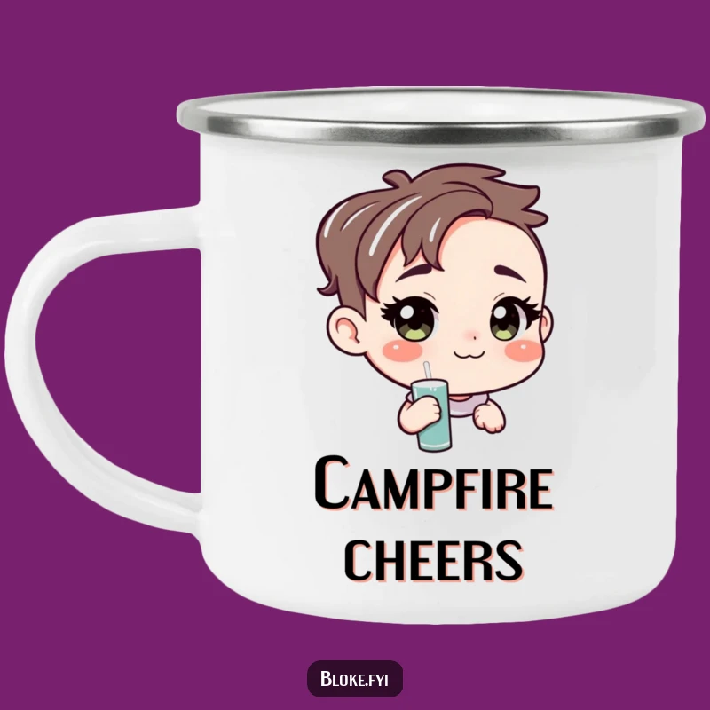 Enjoy your campfire brew with a friendly face. This funny camping mug features a character offering a pint.