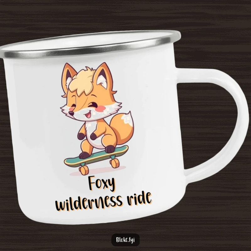 Funny Camping Mug showcasing a smiling fox with tousled fur attempting to skateboard, perfect for outdoor adventures.