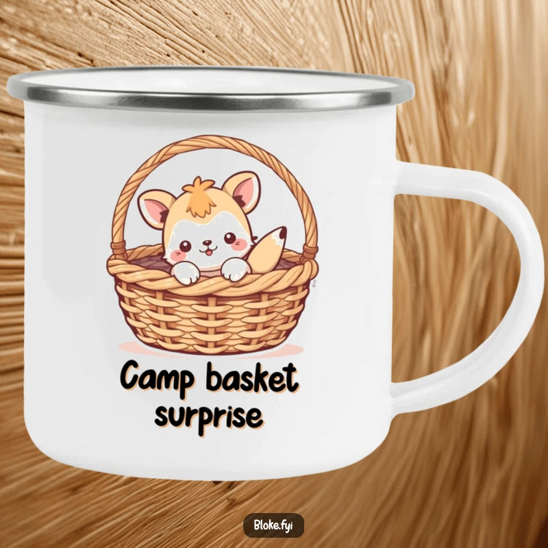Funny camping mug with a playful animal character humorously stuck inside a woven basket, perfect for enjoying drinks outdoors.