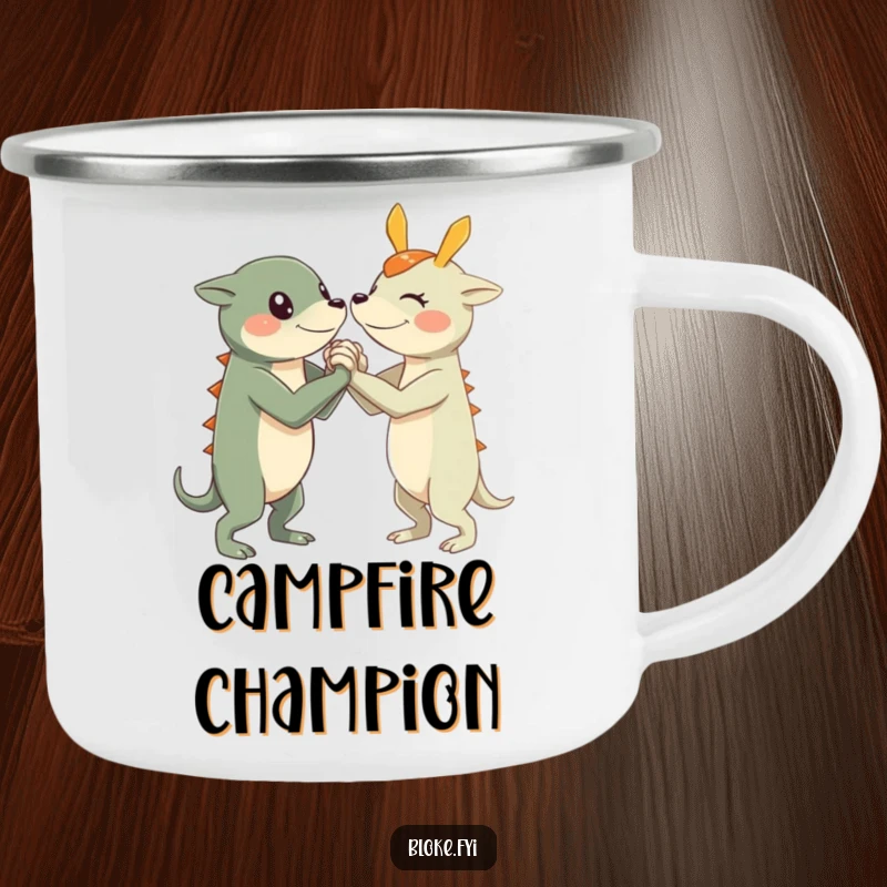 Funny Arm Wrestle Creature Camping Mug with short, sturdy limbs arm wrestling, perfect for outdoor fun and competition.