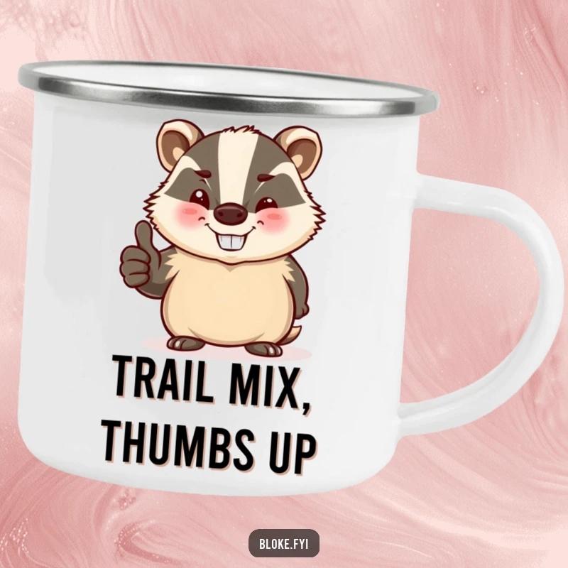 Funny camping mug with a stout, jovial badger winking and giving a thumbs-up, ready for outdoor fun.