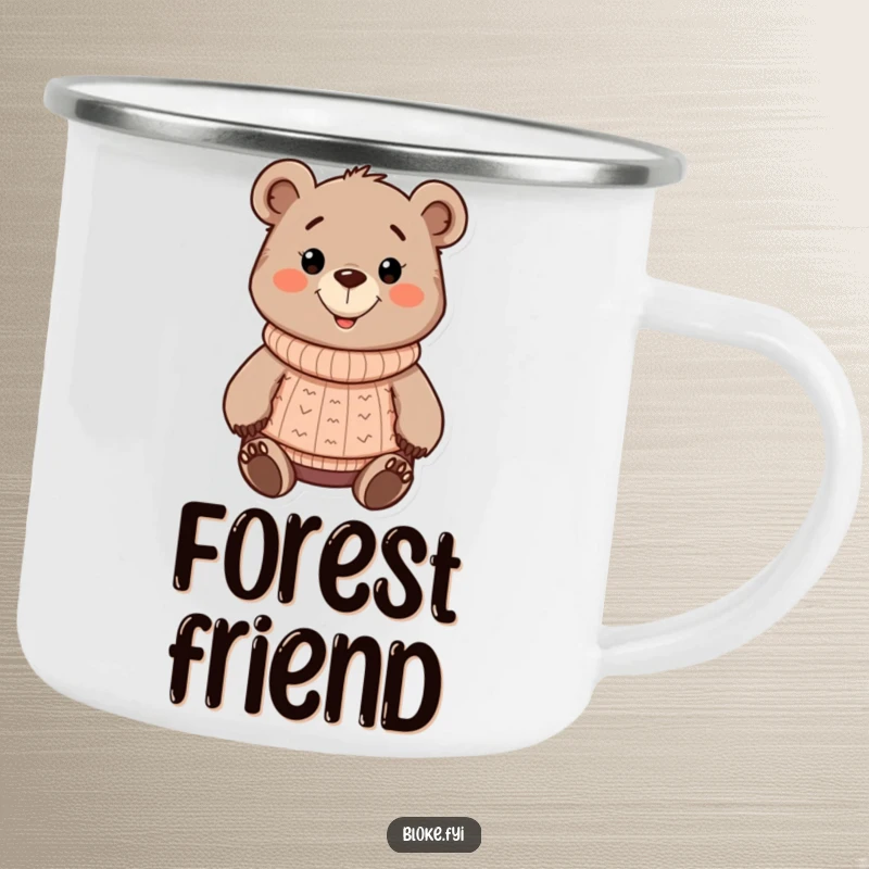 Funny chunky cartoon bear camping mug, wearing a knitted sweater and a friendly grin, a durable and humorous outdoor mug.
