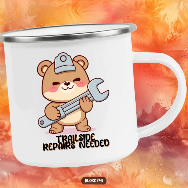 Funny camping mug with a mischievous bear character offering a giant wrench, ideal for outdoor adventures and mechanic humor.