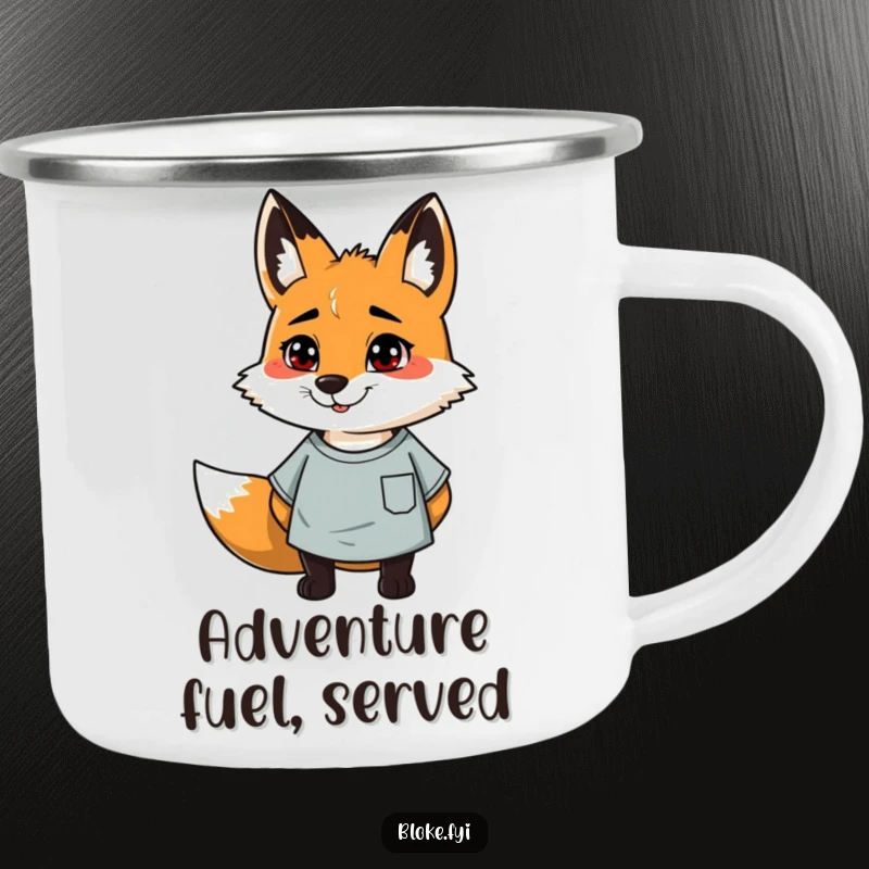 Funny camping mug with a cheerful, slightly scruffy fox in a casual t-shirt, ready for outdoor escapades.
