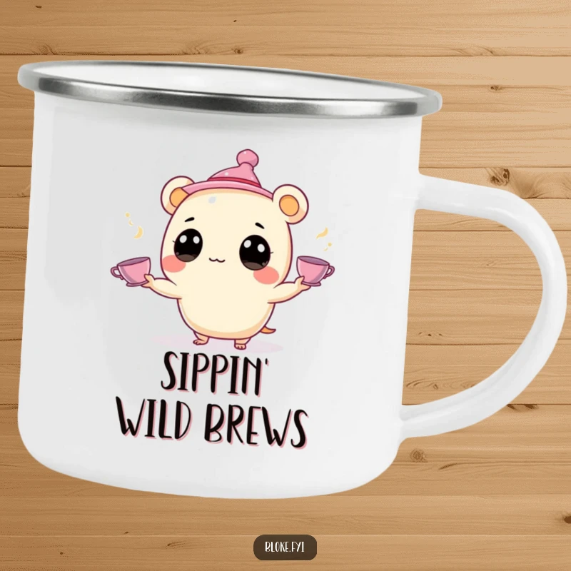 Funny Camping Mug: A creature in a hat juggles teacups, designed for durability and humor on outdoor excursions.