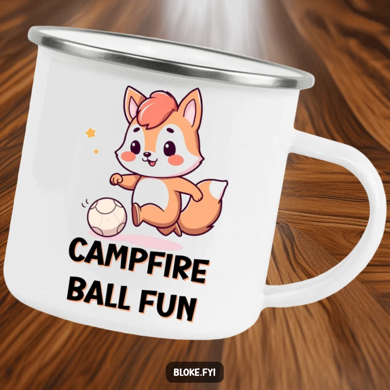 Funny camping mug with a playful animal character smiling while kicking a small, deflated ball, perfect for outdoor enjoyment.