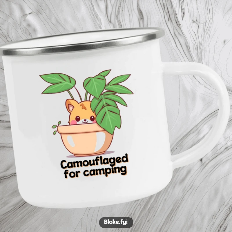 Funny camping mug with a curious animal character peeking from behind a large potted plant, perfect for outdoor enjoyment and observation.