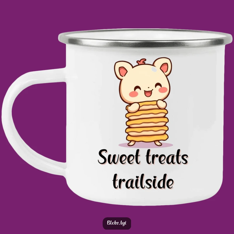Enjoy your trailside treats with this sturdy camping mug featuring a stubby character's pie-balancing act. Built for adventure and a good dose of humor.
