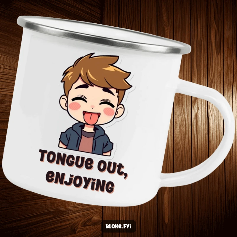 Funny camping mug of a grinning guy character playfully sticking out his tongue, perfect for outdoor mischief and drinks.