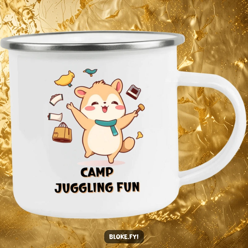 Funny camping mug with a stout animal character joyfully waddling and juggling mismatched items, perfect for outdoor enjoyment.