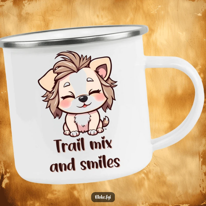 Funny Camping Mug showcasing a playful dog with messy fur and a cheeky wink, ready for any outdoor escapade.