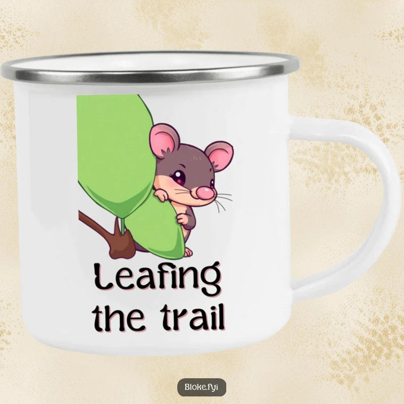 Funny platypus camping mug with a curious creature peeking from behind a eucalyptus leaf, perfect for outdoor use.