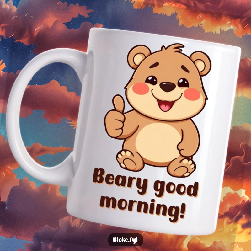 Funny Mug featuring a cheerful stout bear with a goofy grin giving a big thumbs up, radiating positivity and humor.