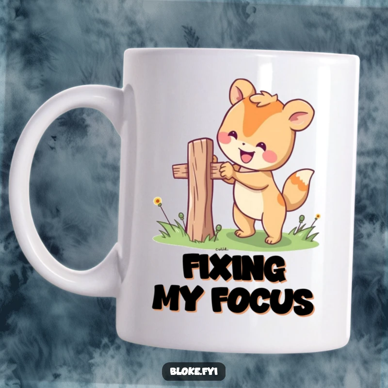 Funny mug depicting a happy animal character diligently attempting to fix a wobbly fence post with a determined smile.