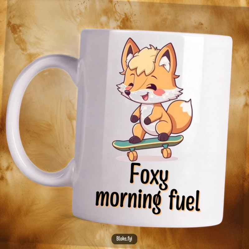 Funny Mug featuring a smiling fox with tousled fur attempting to ride a skateboard, radiating cool and playful energy.