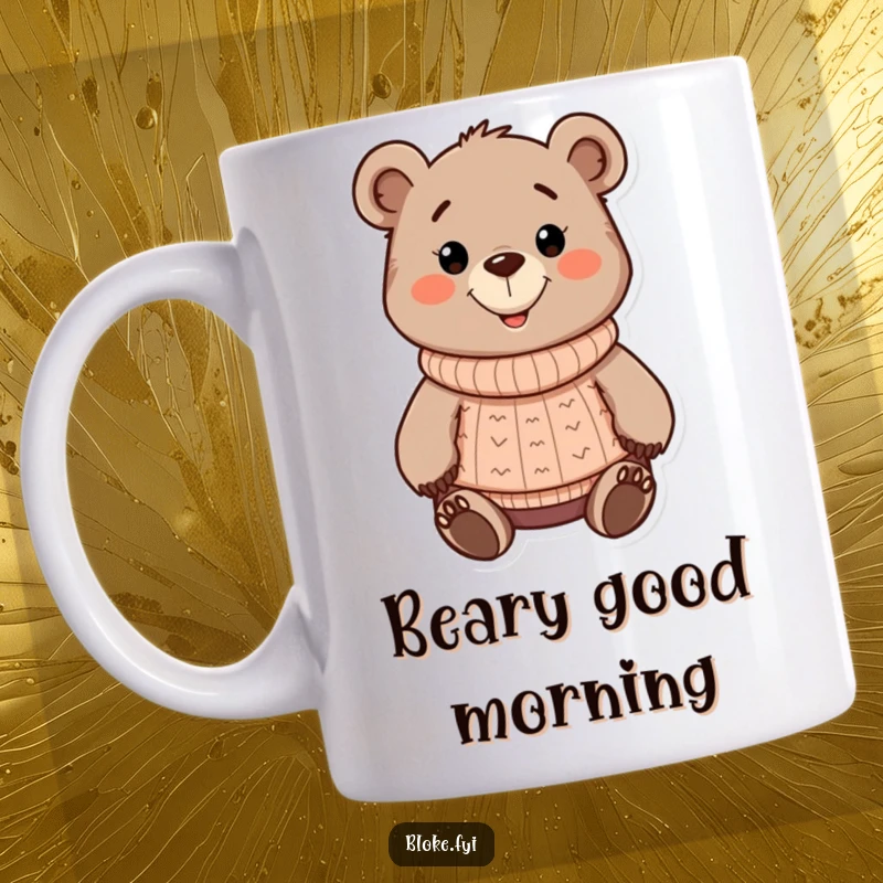 Funny chunky cartoon bear mug, wearing a knitted sweater and smiling warmly, a delightful and cozy design.