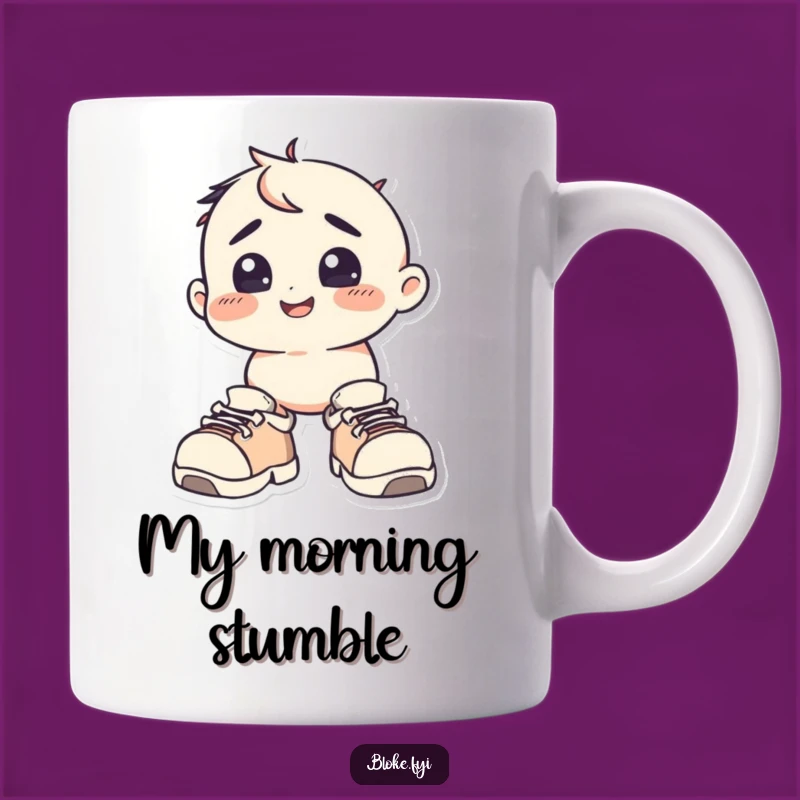 Start your day with a laugh featuring this squat character's comically bewildered look in giant shoes. A perfect mug for those who embrace life's oddities.