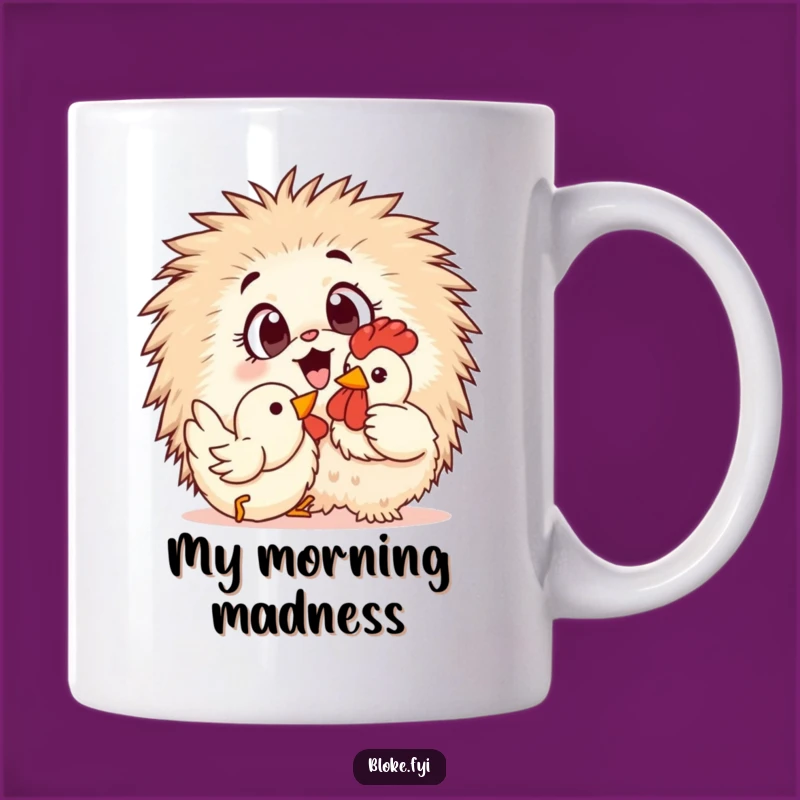 Start your morning with a laugh featuring this adorable, fluffy creature enthusiastically attacking a rubber chicken. A must-have for pet parents.