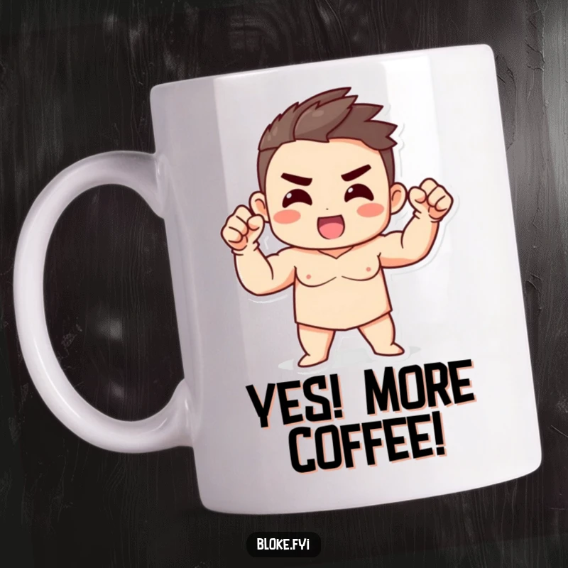 Funny Strong Character Mug with a simple build, energetically gesturing with a raised fist, conveying power and motivation.