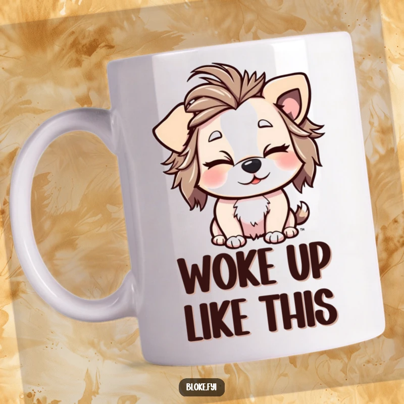 Funny Mug featuring a playful dog with a messy hairdo winking cheekily, radiating fun and a hint of mischief.
