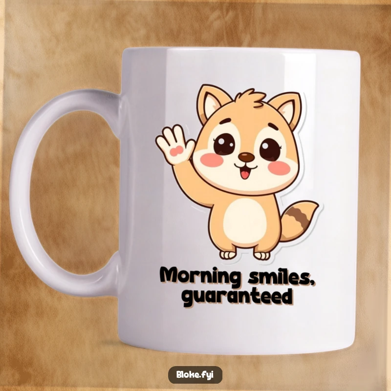Funny mug with a stylized animal character enthusiastically waving a friendly hello, radiating positivity and warmth.
