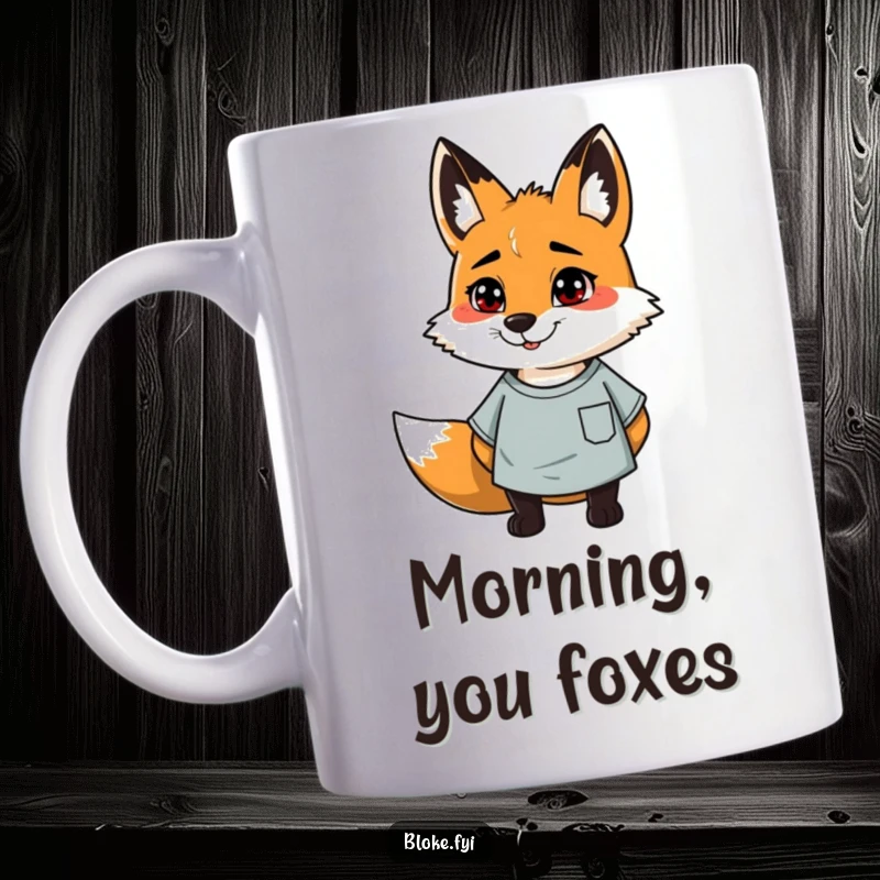 Funny mug featuring a cheerful, slightly scruffy fox wearing a casual t-shirt, radiating laid-back charm.
